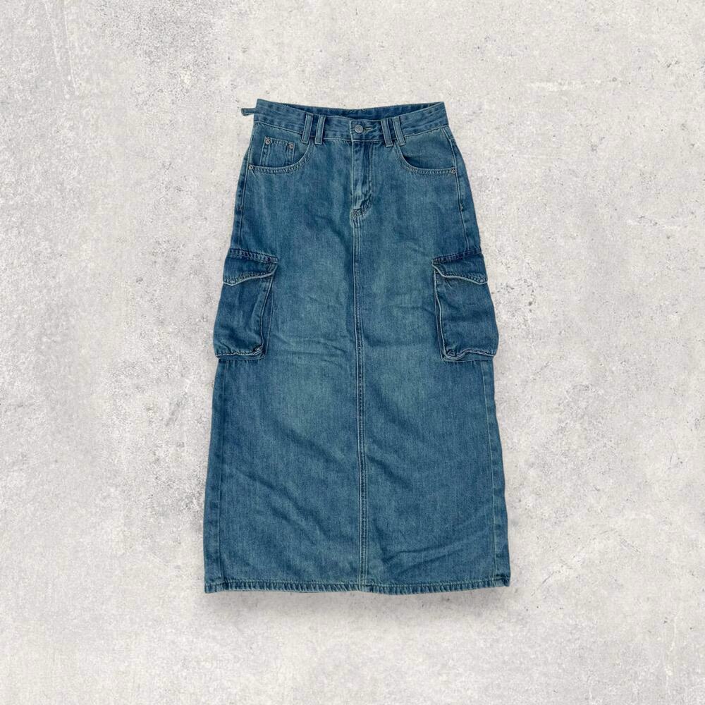 J.P. Fashionwear Women’s Cargo Pocket Denim Midi Skirt - Blue, Size Large